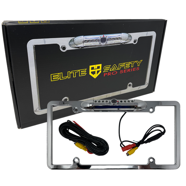 Elite Safety Pro chrome license-plate camera frame with cables beside its retail box