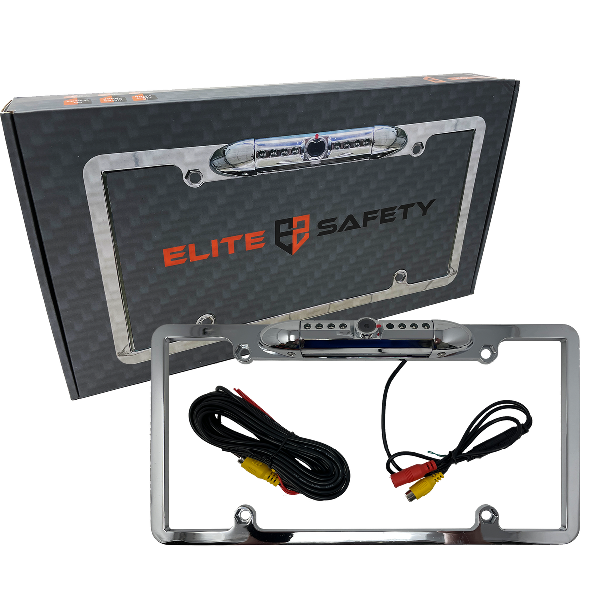 Elite Safety chrome license-plate camera frame with cables beside its retail box
