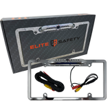 Elite Safety chrome license-plate camera frame with cables beside its retail box
