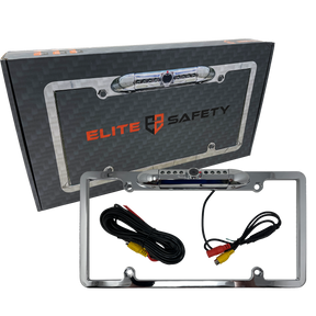 Elite Safety chrome license-plate camera frame with cables beside its retail box