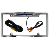 Chrome license-plate camera frame with central camera and coiled video and power leads