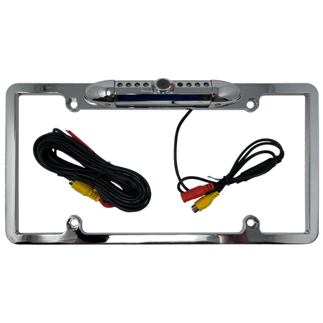 Chrome license-plate camera frame with central camera and coiled video and power leads