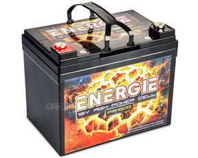 Angled view of an Energie PR1600 battery with a folding handle and two top terminals