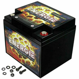 Angled view of an Energie PR2400 battery with terminal bolts, nuts and washers laid out beside it