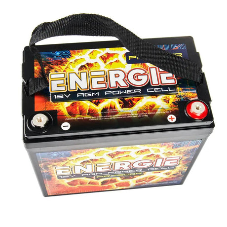 Top-angled view of an Energie AGM battery with carrying strap and positive and negative terminals