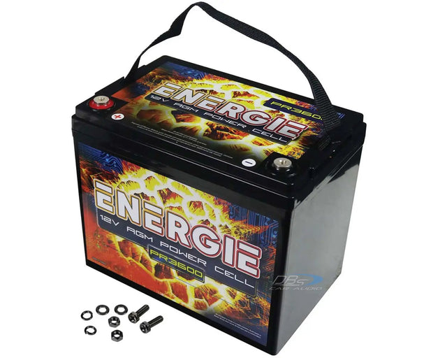 Energie PR3600 12V AGM battery with a carrying strap and mounting hardware