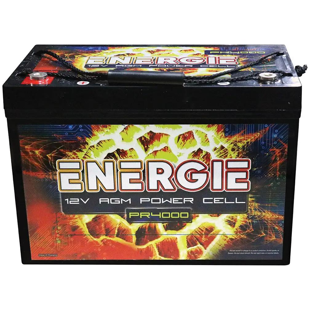 Front view of an Energie PR4000 12V AGM battery with carrying handle and top terminals
