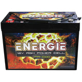 Front view of an Energie PR4000 12V AGM battery with carrying handle and top terminals