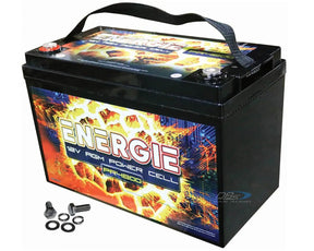 Energie PR4800 12V AGM battery with a carrying strap and terminal hardware