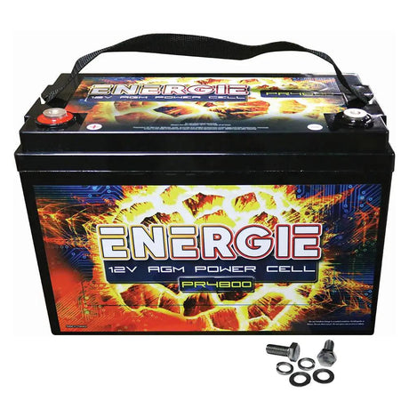 Energie PR4800 12V AGM battery with a carrying strap and mounting hardware