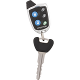 Prestige 105BP replacement remote attached to a vehicle key, angled view.