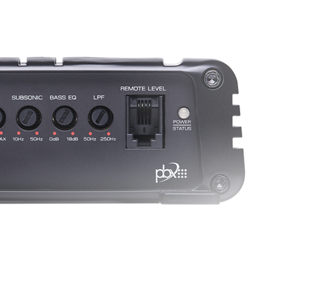 PowerBass XL-400.1D manufacturer control-panel detail showing subsonic filter, bass EQ, low-pass filter and remote-level connection.