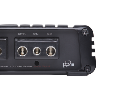 PowerBass XL-400.1D manufacturer power-terminal detail showing battery, remote turn-on and ground connections.