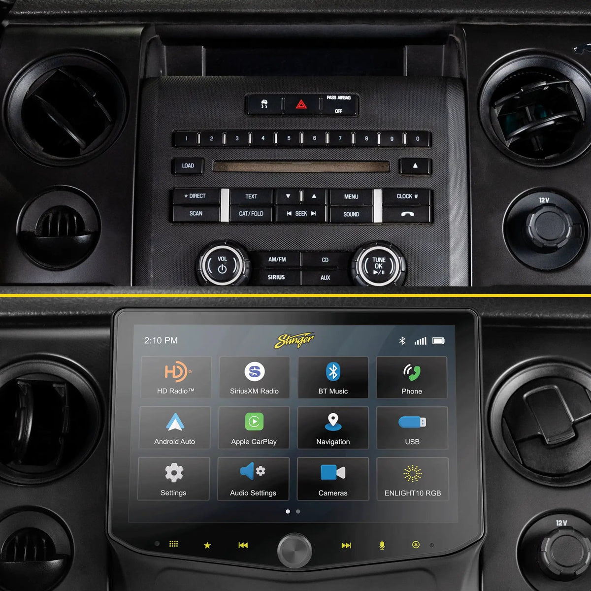 Before-and-after dashboard comparison showing the factory radio replaced by a Stinger touchscreen receiver