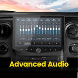 Stinger touchscreen installed in a dashboard, displaying multiband equalizer sliders beneath an Advanced Audio heading