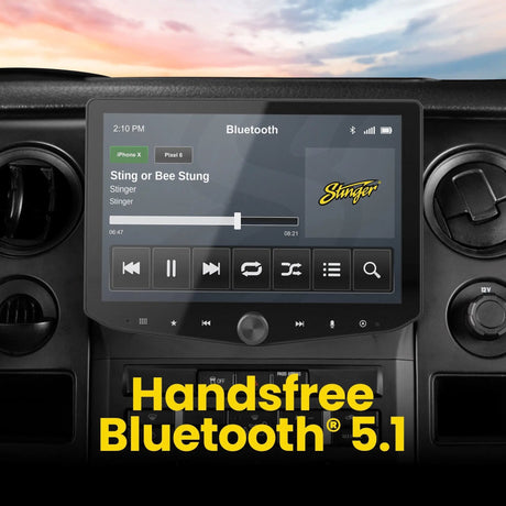 Installed Stinger radio showing the music playback screen, with a hands-free Bluetooth 5.1 feature callout