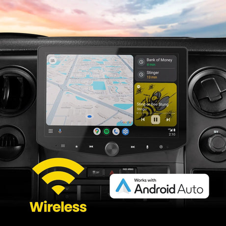 Installed Stinger touchscreen showing maps and music, with a graphic advertising wireless Android Auto
