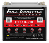 Front view of a Full Throttle FT310-20L battery with a label listing 12V, 310 cranking amps and 20Ah