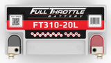 Top view of a Full Throttle FT310-20L battery showing its label and red positive and gray negative terminal surrounds