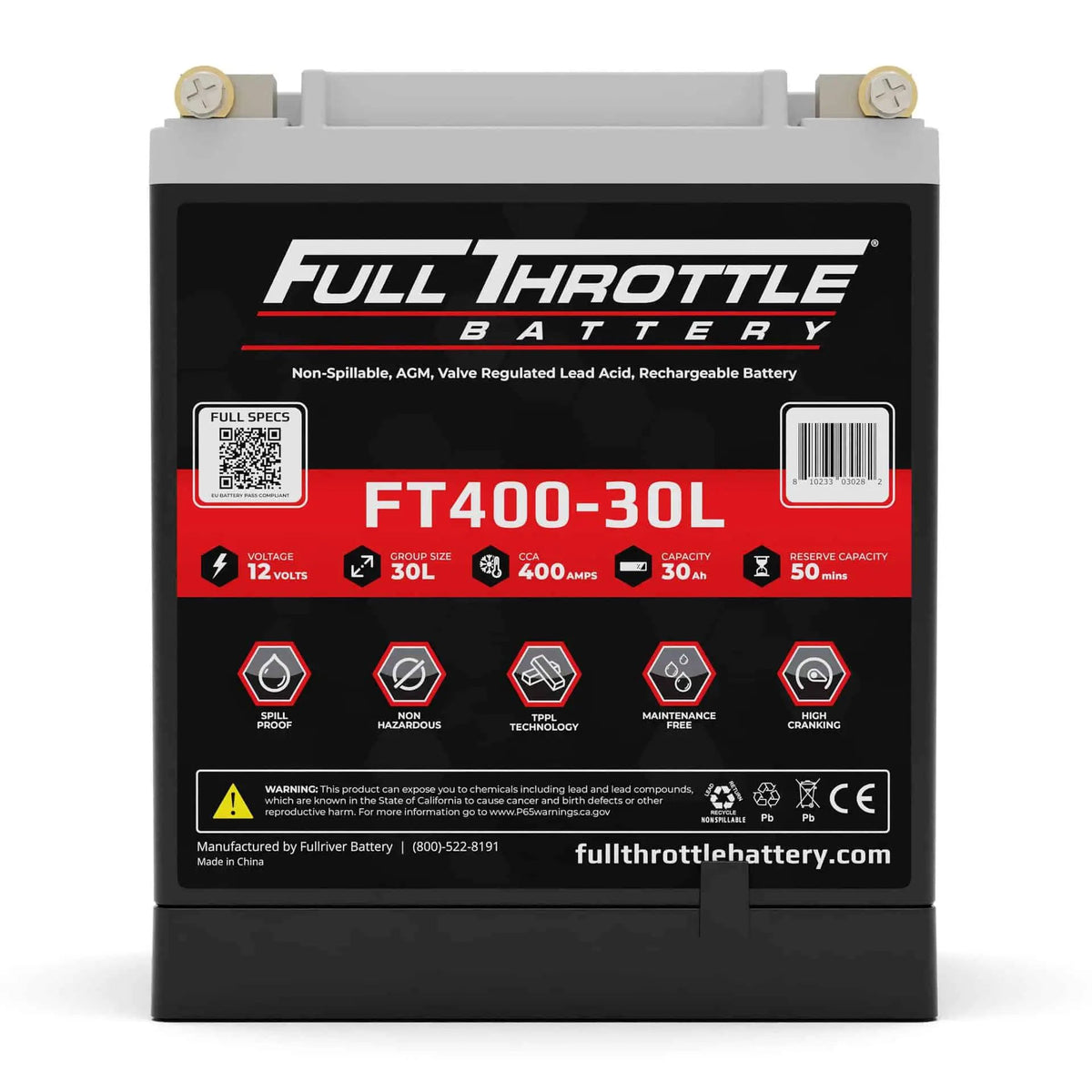 Full Throttle FT400-30L AGM battery, front view