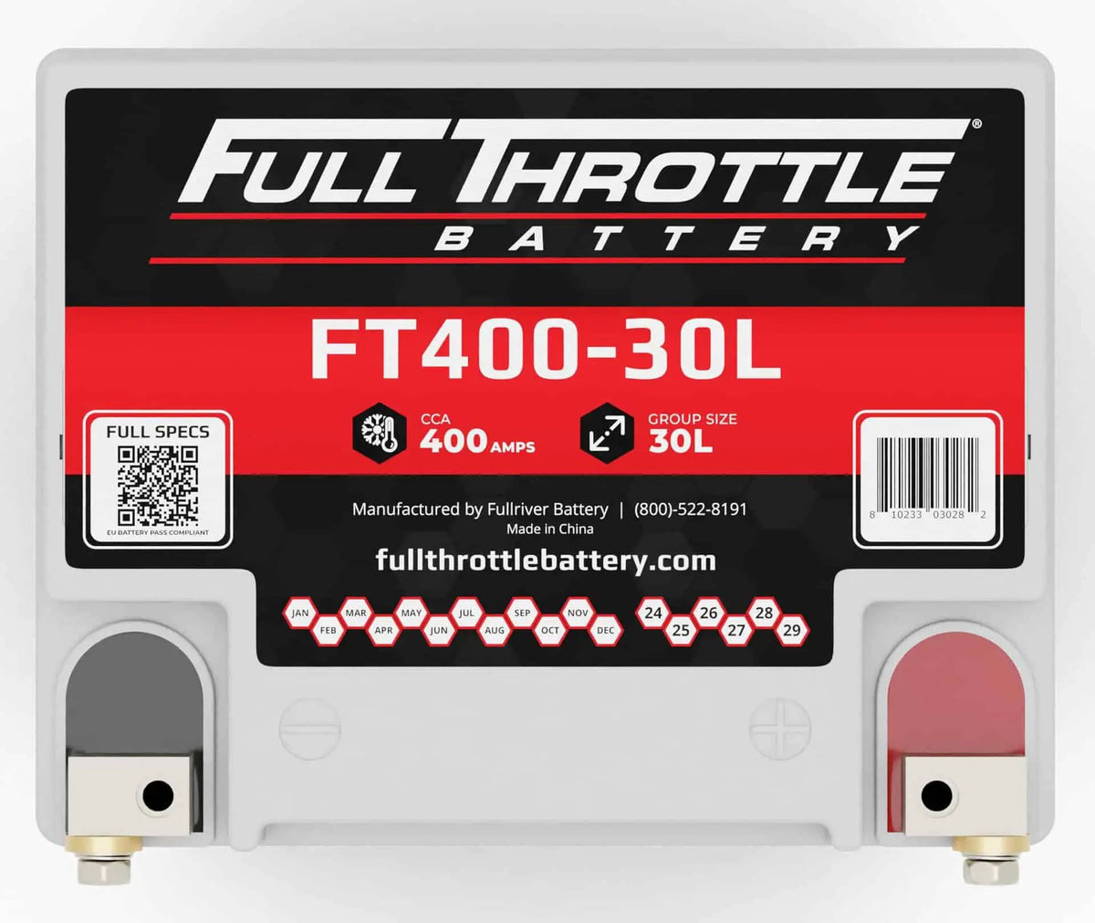 Full Throttle FT400-30L battery top view showing its model label and red and black terminal markings