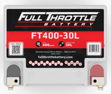Full Throttle FT400-30L battery top view showing its model label and red and black terminal markings