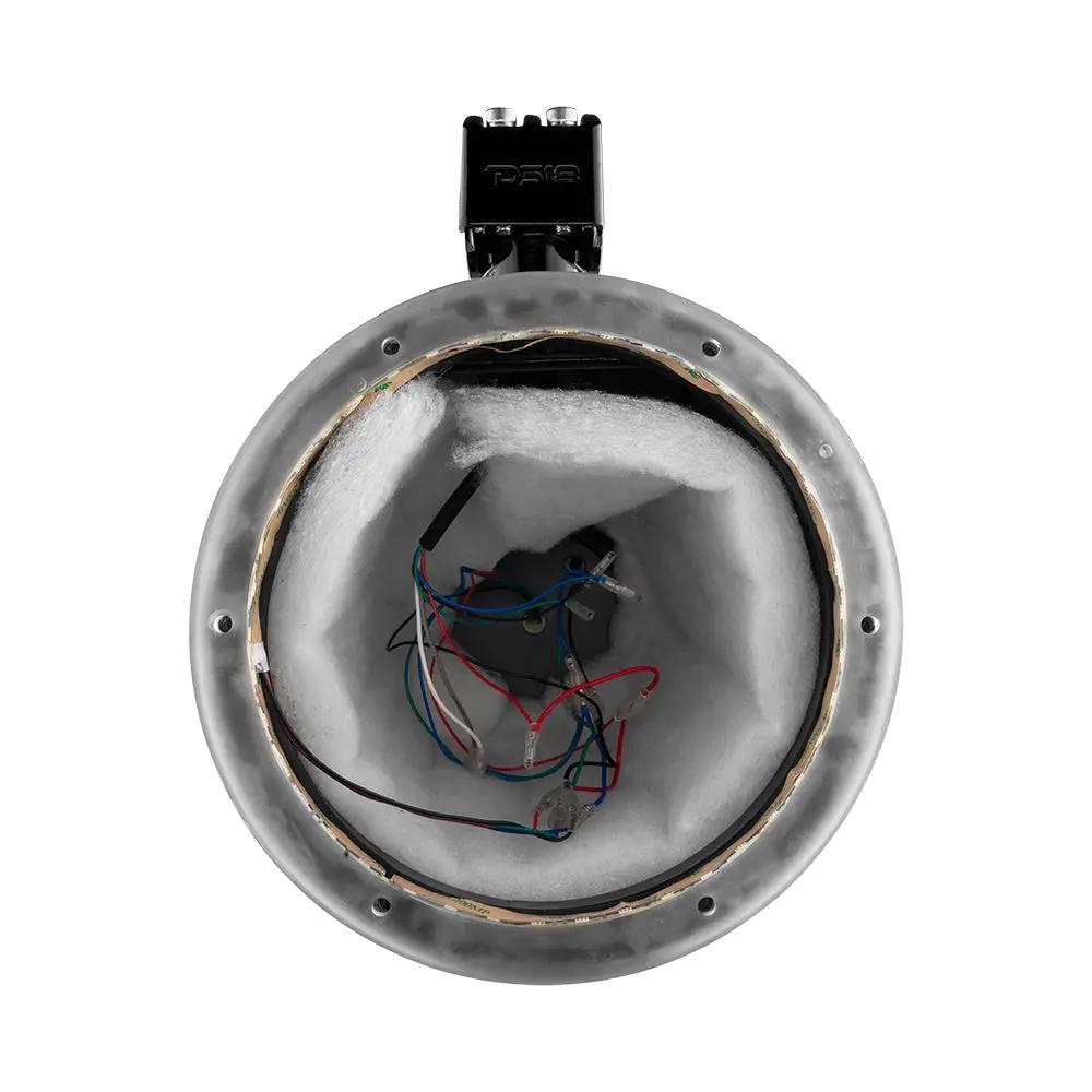 Front view of an empty DS18 speaker pod showing internal wiring, padding and mounting clamp
