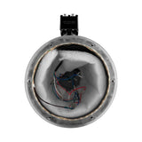 Front view of an empty DS18 speaker pod showing internal wiring, padding and mounting clamp