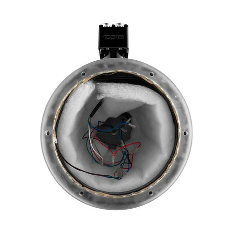Front view of an empty DS18 speaker pod showing internal wiring, padding and mounting clamp