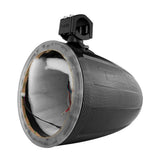 Angled view of an empty DS18 carbon-fiber-look speaker pod with padded interior and mounting clamp