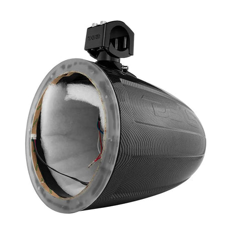 Angled view of an empty DS18 carbon-fiber-look speaker pod with padded interior and mounting clamp