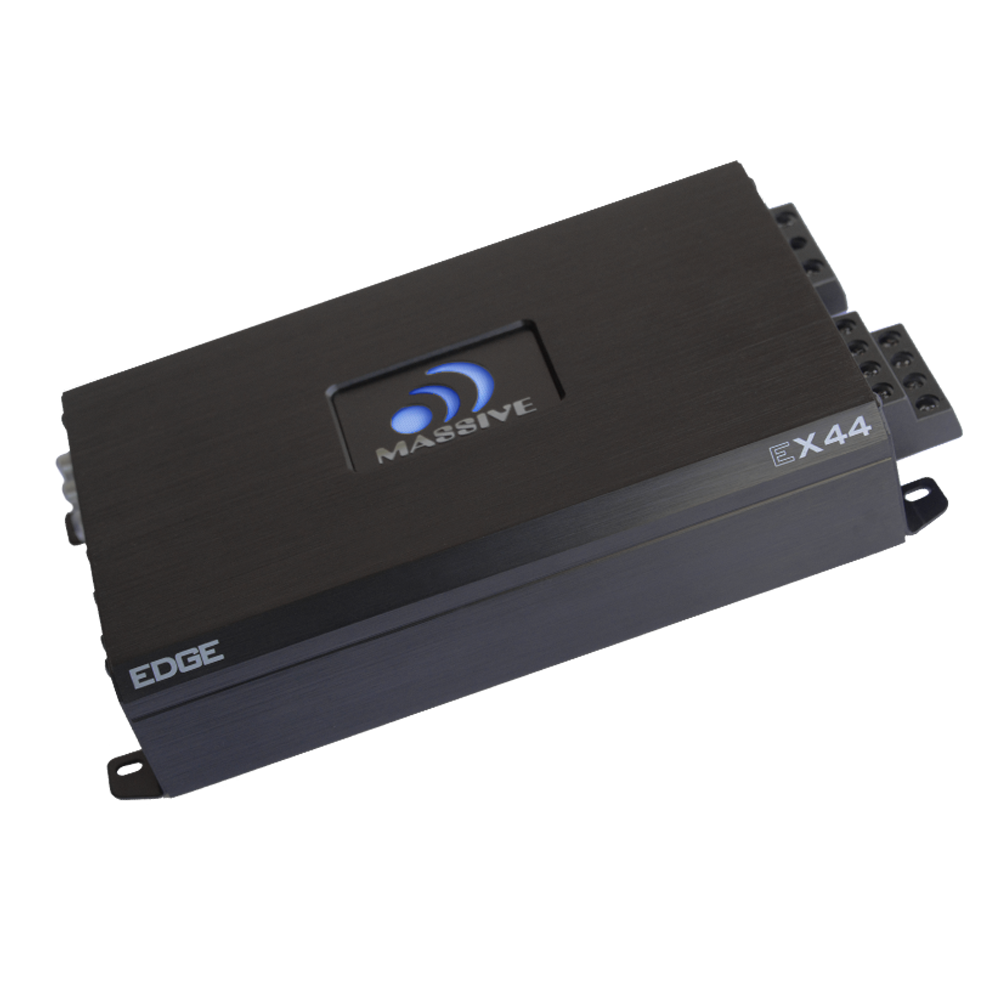 Massive Audio Edge amplifier, angled top view showing the black housing and blue logo badge