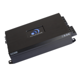 Massive Audio Edge amplifier, angled top view showing the black housing and blue logo badge