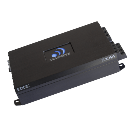 Massive Audio Edge amplifier, angled top view showing the black housing and blue logo badge
