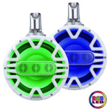 Pair of white tower speakers with green and blue illumination and an RGB LED badge