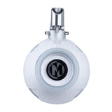 Rear of a white Memphis tower speaker with a circular Memphis logo cap and top mounting clamp