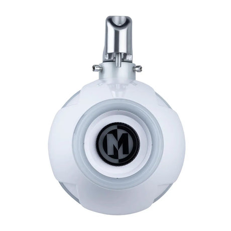 Rear of a white Memphis tower speaker with a circular Memphis logo cap and top mounting clamp