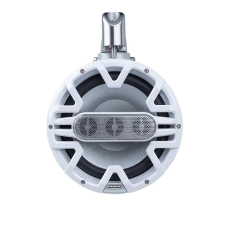 White Memphis tower speaker with a front grille, central tweeter and mounting clamp