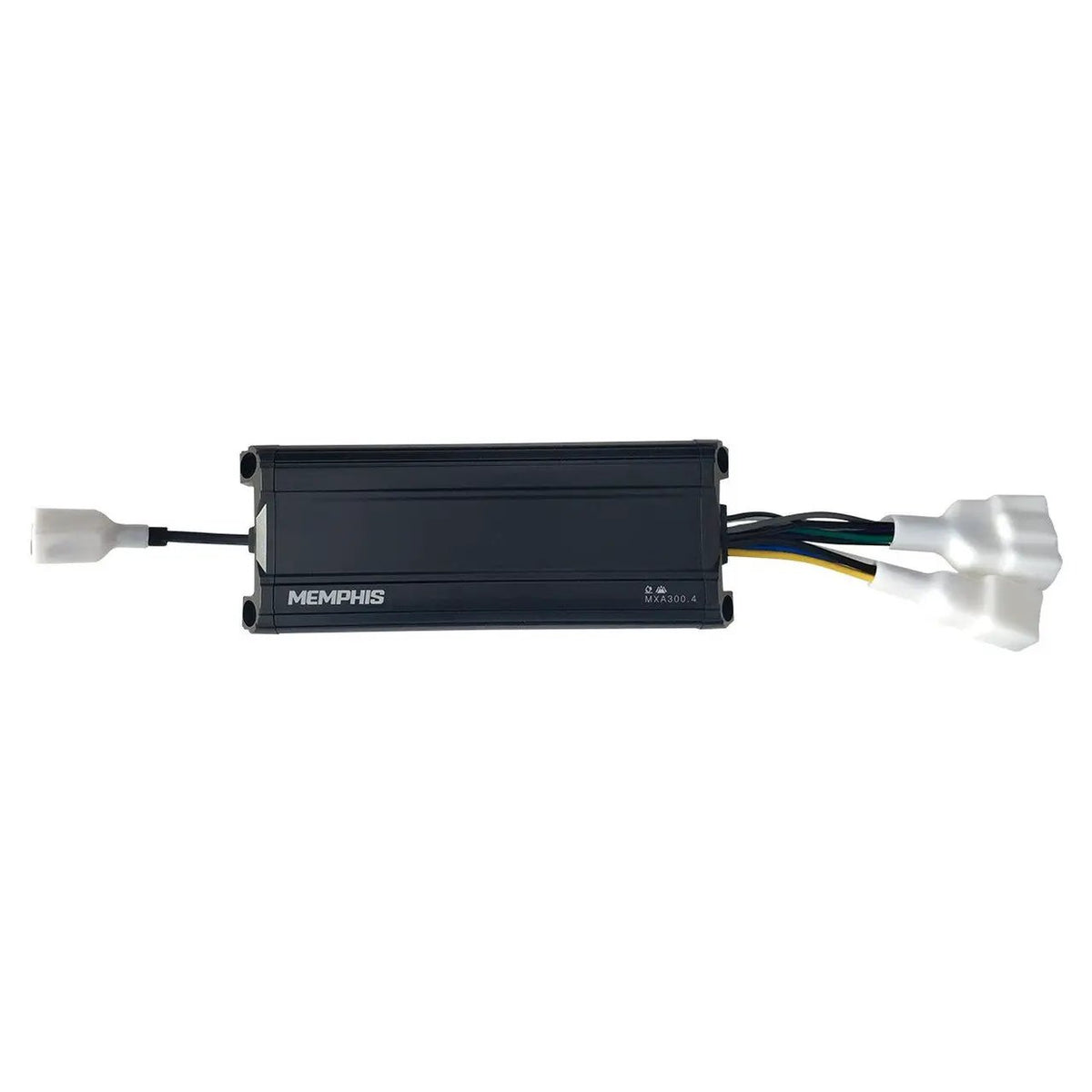 Compact black Memphis amplifier with attached wiring harnesses and white connectors