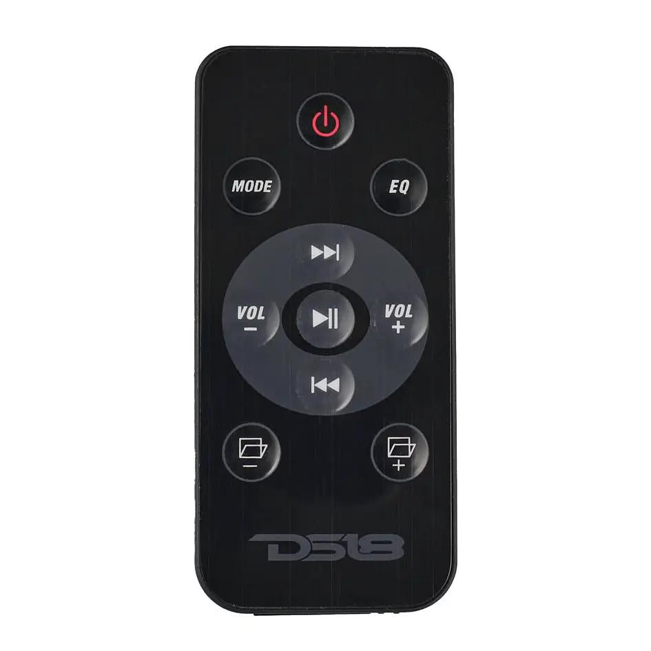 DS18 soundbar remote with power, mode, EQ, playback and volume buttons