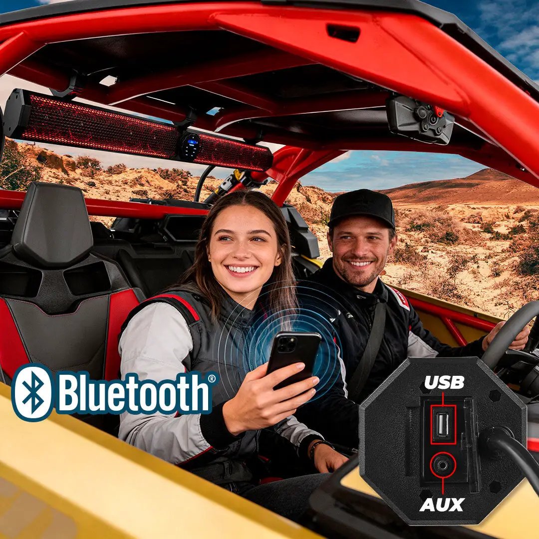 DS18 soundbar mounted above two riders in a side-by-side, with Bluetooth, USB and AUX input callouts