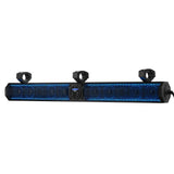 Black soundbar with blue-lit speaker grilles, center controls and three mounting clamps