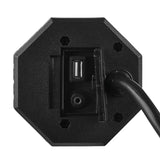 Soundbar end-panel close-up showing USB and auxiliary sockets beside the power lead