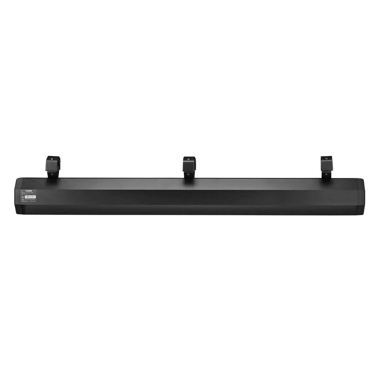 Rear view of a black soundbar with mounting brackets, viewed from the opposite side