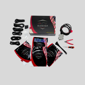 Gloshop lighting-kit contents with wiring, packaged components, connectors and installation tools