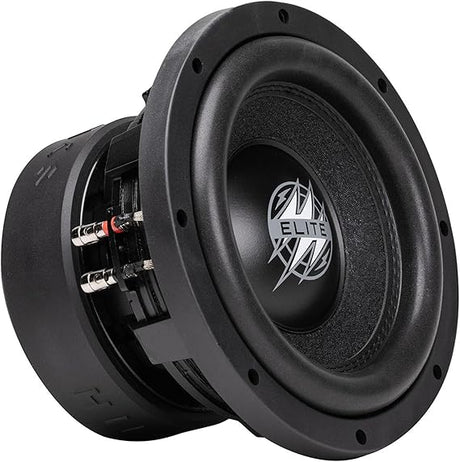 Angled Elite subwoofer with a black cone, broad surround and red-and-black spring terminals