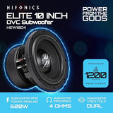 Hifonics HEW10D4 specification graphic: 10-inch dual 4-ohm subwoofer, 600W RMS and 1,200W peak