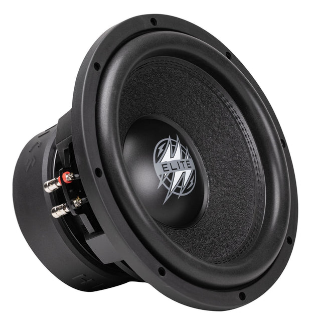 Angled front of a Hifonics ELITE subwoofer with a textured black cone