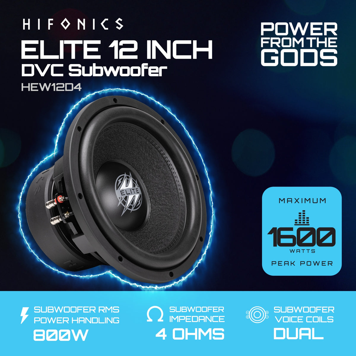 Hifonics HEW12D4 specification graphic: 12-inch dual 4-ohm subwoofer, 800W RMS and 1,600W peak