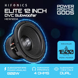 Hifonics HEW12D4 specification graphic: 12-inch dual 4-ohm subwoofer, 800W RMS and 1,600W peak